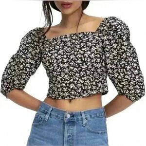 Levi's Yvie Statement Floral Puff Sleeve Smocked Back Cropped Top Size XL